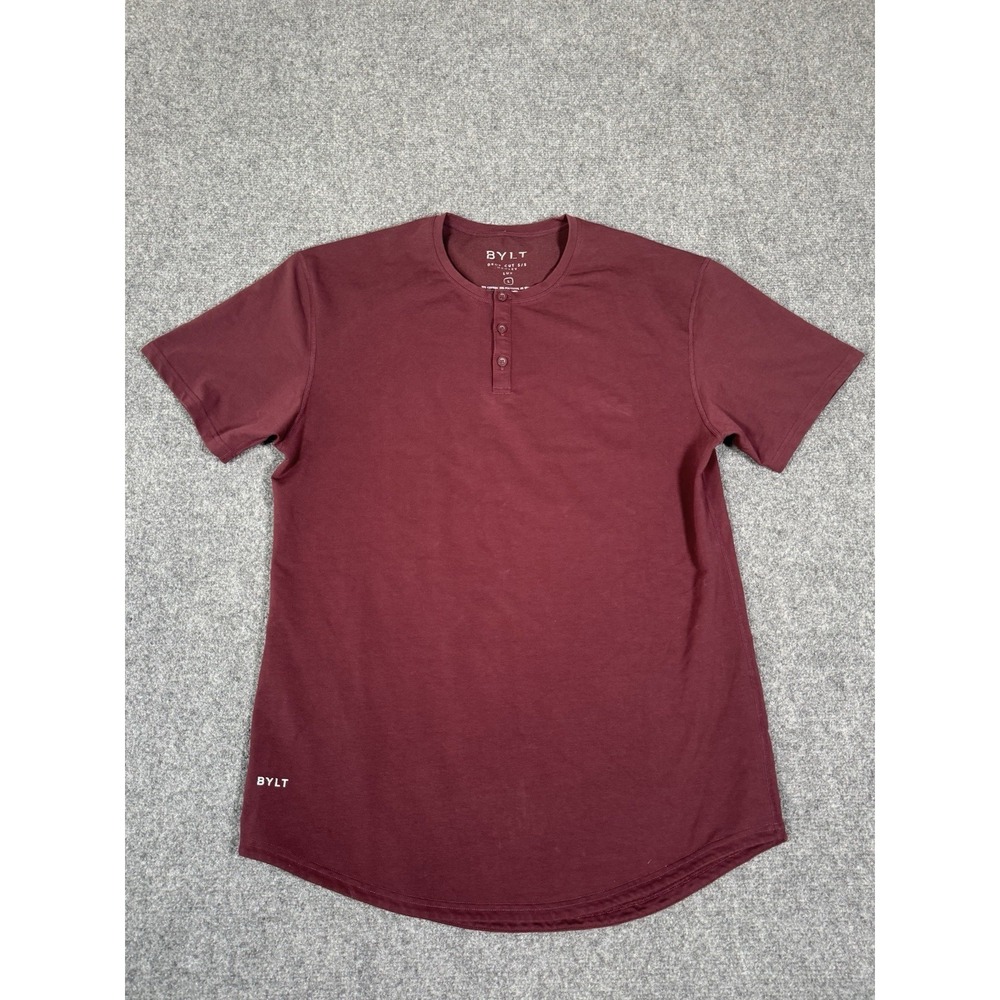 BYLT Drop Cut Henley T Shirt Mens Large Maroon Short Sleeve Performance Athletic